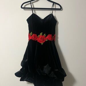 NWOT Velvet Black Dress with Red Floral Embroidery bottom ruffles